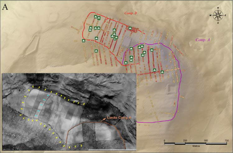 Figura 8. Análisis de indicadores para la delimitación del Campamento B: ha sido considerada la densidad de cerámica ibérica, la presencia de clavos de tienda, la existencia de estructuras en excavaciones asociadas al campamento y la fotointerpretación de fotografía aérea histórica, en este caso del Vuelo Interministerial de 1977