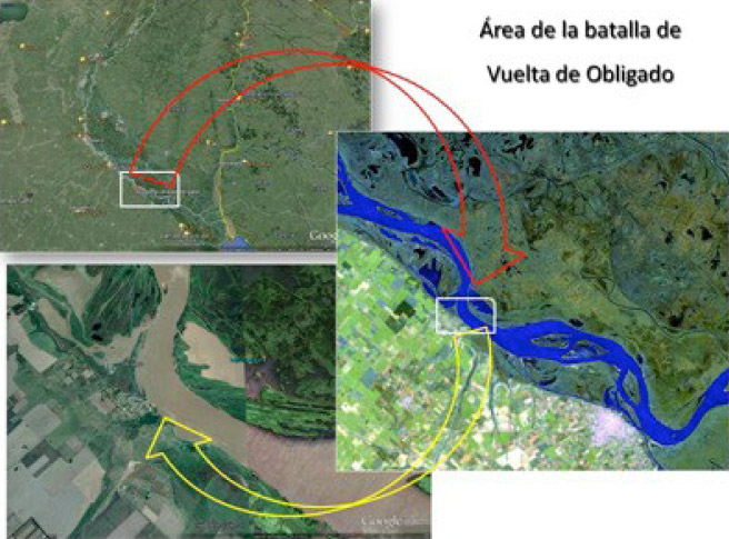 Figura 1. Las imágenes satelitales muestran zonas del nordeste de la Provincia de Buenos Aires, el sur de la Provincia de Entre Ríos y la doble curva del Río Paraná conocida como la Vuelta de Obligado por el nombre de la familia que en Época Colonial se asentó en esos parajes