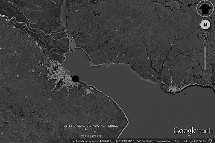 Figura 1. Ubicación del Pecio en el estuario del Río de la Plata, en la zona costera de la Ciudad Autónoma de Buenos Aires (google map 26-08-2015)