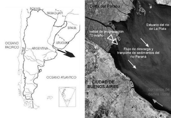 Figura 6. De izquierda a derecha, sentido en que el río Paraná descarga los sedimentos hacia el Estuario del Río de la Plata y vista más detallada del comportamiento del flujo del agua en el estuario (Marcomini y López 2004)