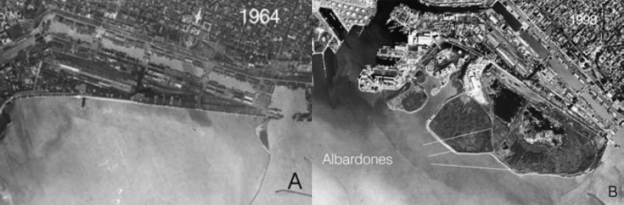 Figuras 8 y 9. Fotos aéreas que muestran la progradación costera por relleno artificial en la zona céntrica de la ciudad de Buenos Aires. A. Foto de 1964 donde se distinguen los diques de Puerto Madero y la antigua Costanera Norte. B. Foto de que muestra los rellenos por albardones tipo cabo y la generación de lagunas aisladas de la dinámica del estuario que conforman la actual Reserva Ecológica. En línea punteada se distingue la posición de la línea de costa natural en la época colonial (Marcomini y López 2011)