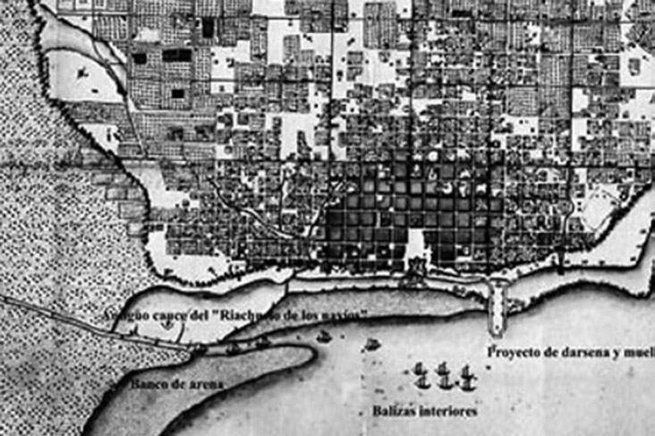 Figura 10. Plano de autor anónimo 1782, donde pueden observarse los bancos de arena y el proyecto de dársena y muelle (Histamar 2015)