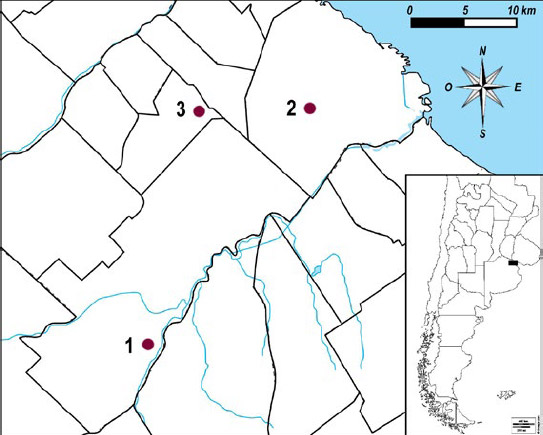 Figura 1. Ubicación del sitio La Elvira (nº 1, La Matanza, Provincia de Buenos Aires), Pueblo de San José de Flores (nº 2, actual Ciudad Autónoma de Buenos Aires) y el Hospital Posadas (nº 3, Morón, Provincia de Buenos Aires)