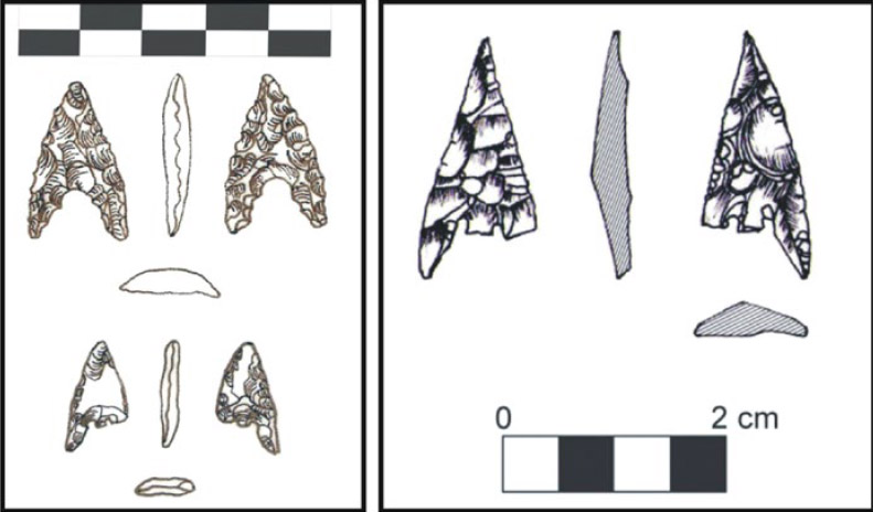 Figura 5: Izquierda: puntas de proyectil del sitio Soria 2 (extraído de Gaál 2014). Derecha: Punta de proyectil relevada en U48-R3 de Caspinchango (extraído de Lanzelotti 2012)