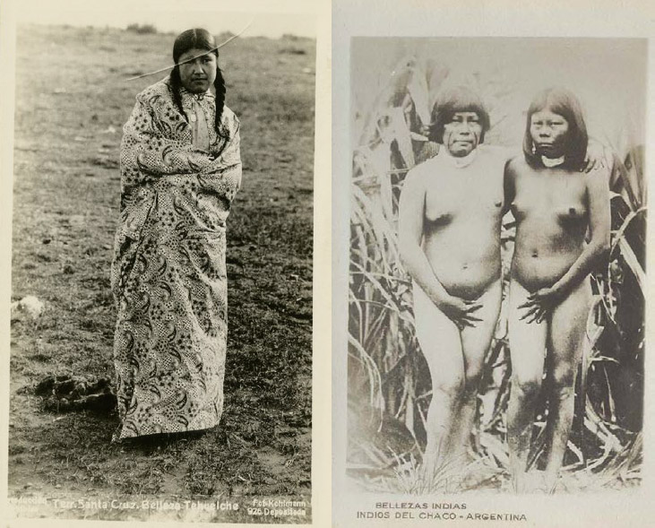Figura 7.a: Terr. Santa Cruz. Belleza Tehuelche. Colección 39(3) - Image Archive - Latin American Library - Tulane University; 7.b: Indias Matacos. Jacobo Peuser editor (sin fecha)