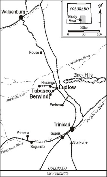 Figura 1: Mapa mostrando la ubicación de la masacre de Ludlow; dibujado por Anne Hull