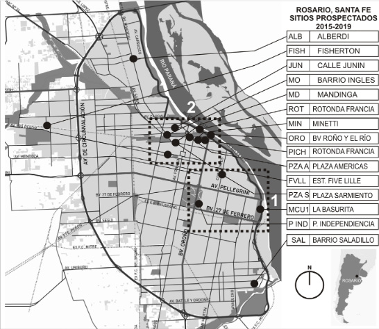 Figura 1.Mapa de Rosario con las áreas y sitios elegidos para este trabajo