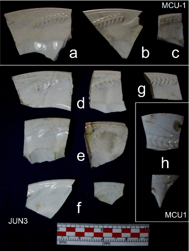 Figura 3. Ejemplos de fragmentos arqueológicos Patrón Trigo. a: Platos probablemente Furnival