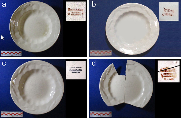 Figura 3. Ejemplos de fragmentos arqueológicos Patrón Trigo. a: Platos probablemente Furnival