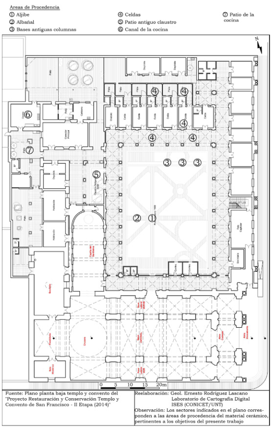 Figura 2. Plano planta baja de la iglesia y convento de San Francisco con indicación de las áreas de procedencia del material cerámico