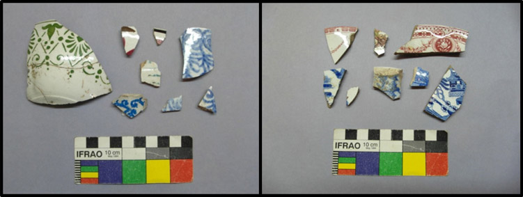 Figura 5 a:Fragmentos del tipo Pintado a Mano en colores verde, azul, rojo, marrón y negro (izquierda), b: Lozas con decoración impresa (derecha)