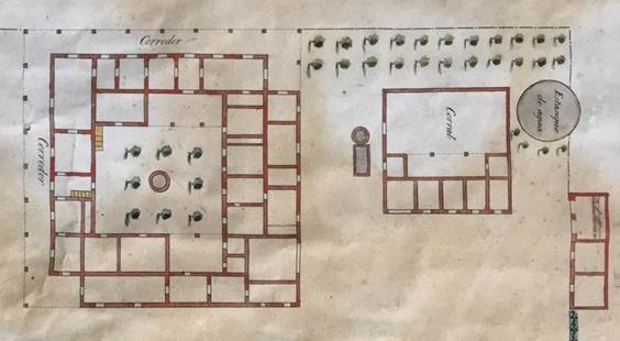 Figura 3. Detalle de un plano impreso por Bacle y Cia. a principios de la década de 1830 donde se muestran las construcciones principales del sitio
