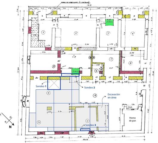 Figura 6. Planta de la Casa de Chacareros con las modificaciones de 1940 y la ubicación de los sectores excavados