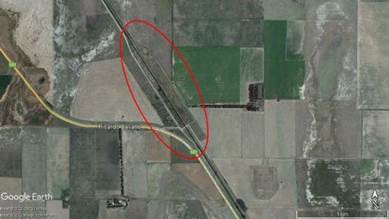 Figura 7. Ubicación del Pueblo Ricardo Lavalle a la vera del Ferrocarril Sur (Imagen Satelital de Google Earth)