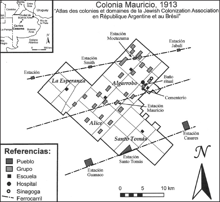 Figura 1. Plano de la Colonia Mauricio (redibujado de Atlas des colonies et domaines de la Jewish Colonization Association en République Argentine et au Brasil, editado por la JCA, 1913)
