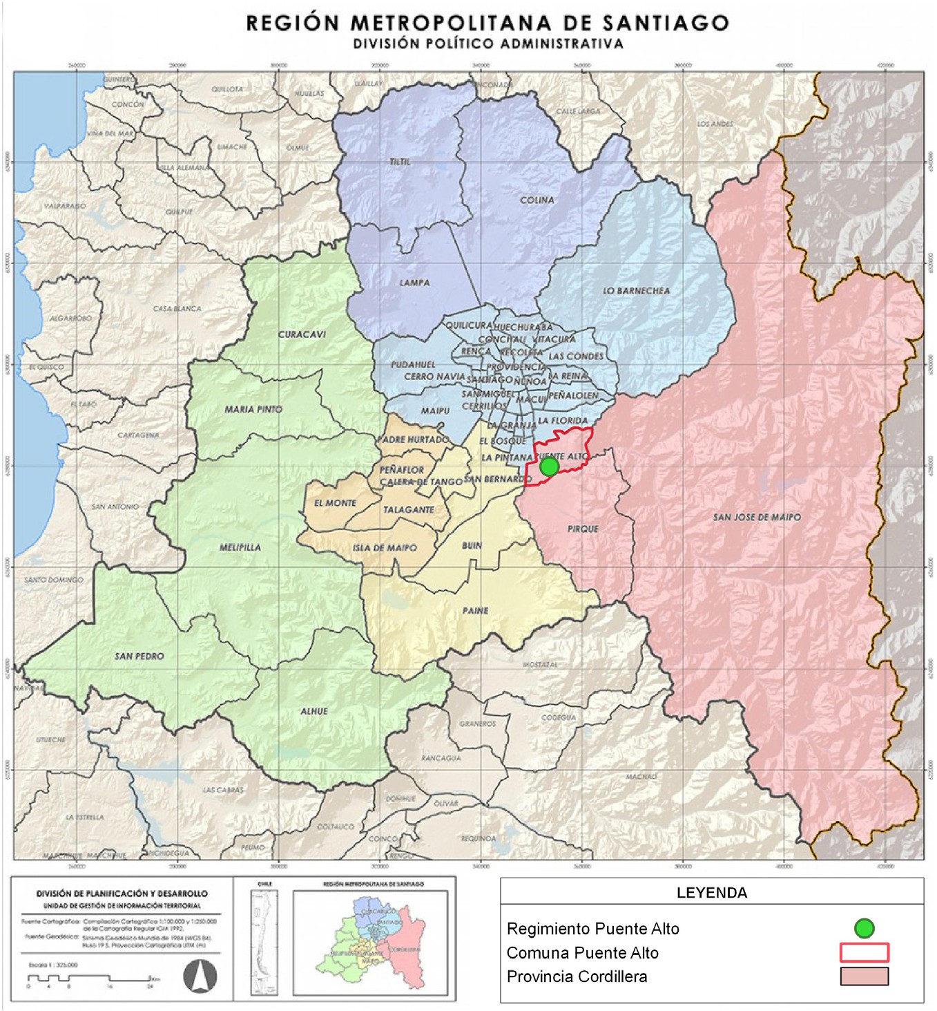 Figura 2. Mapa de la Región Metropolitana, con la ubicación de la provincia Cordillera, la comuna de Puente Alto y el Regimiento Puente Alto. Fuente: https://www.gobiernosantiago.cl/datos-geograficos /. Modificación propia.