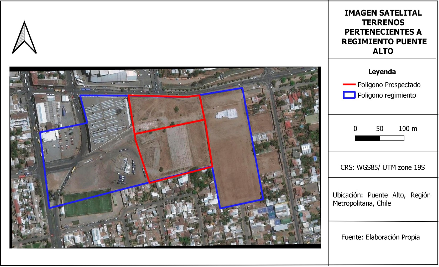 Figura 4. Imagen satelital de los terrenos pertenecientes al Regimiento Puente Alto, en rojo se señalan los lotes E y F. Elaboración propia.