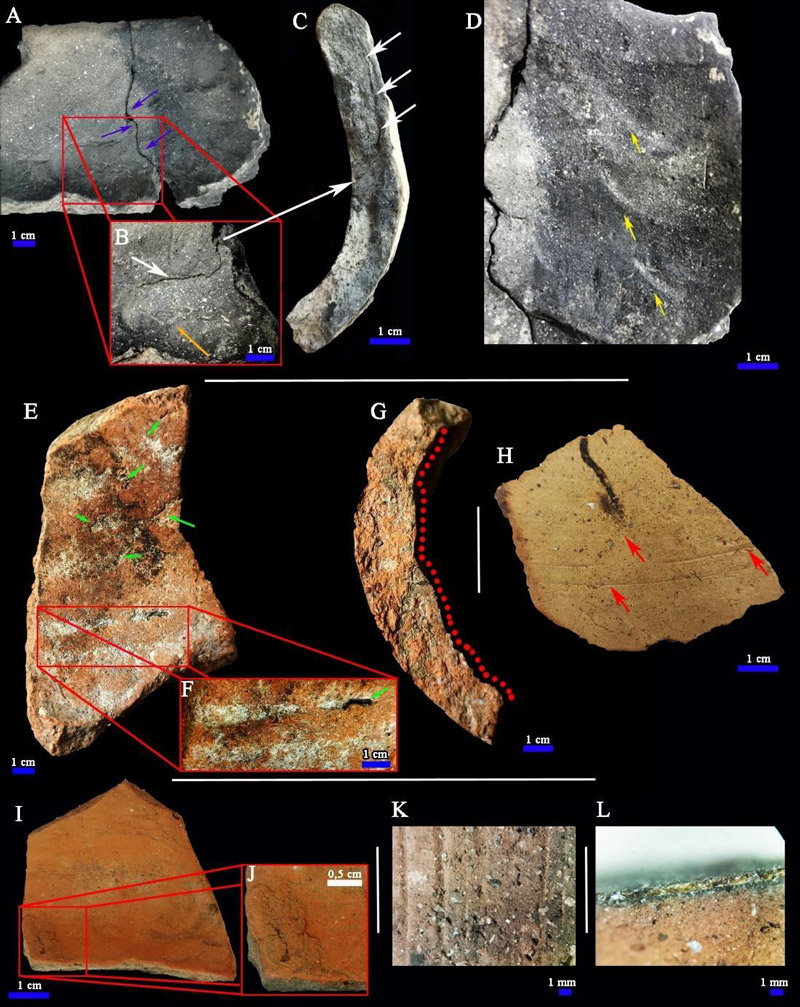 Figura 5. A, B, C y D: Cuenco. A. Flechas azules: fractura superficial, rodeteado en cabalgadura interna. B y C. Flechas blancas: grieta extendida a la fractura transversal, con micro-resaltes diagonal/curvados desde el interior al exterior, técnica de rodeteado en cabalgadura interna. Flecha naranja: micro-acanaladuras, tratamiento inciso. D. Flechas amarillas: hendiduras y rebabas alargadas y oblicuas, estirado y ensamblado de rodetes. E, F y G: Tinaja/Botija. E. Flechas verdes: grietas, ensamblaje de rodetes. F. Ondulaciones y surcos discontinuos horizontales y alargados, rodeteado y posiblemente técnica de torno. G. Línea punteada roja: variaciones cóncavas-convexas, rodeteado. H. Tinaja/Botija. Flechas rojas: estrías, posible técnica de torno. I y J. Plato. Grietas y rebabas, pegado de parche. K. Olla. Acanaladuras, inciso. L. Cuenco. Lámina superpuesta, vidriado