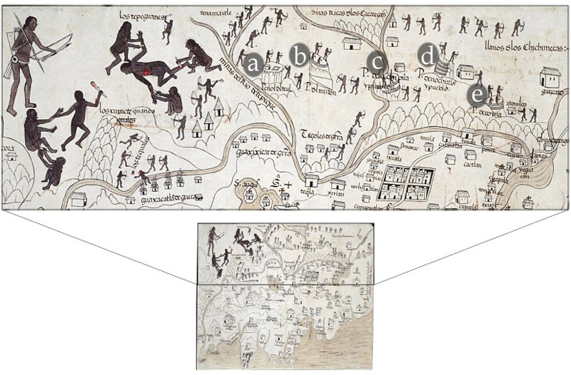 Figura 2. Mapa de la Nueva Galicia (1550) mostrando el área de sublevación y los peñoles/fortalezas. http://pares.mcu.es/ParesBusquedas/servlets/Control-servlet?accion=3&txt-id-desc-ud=21517&fromagenda=N 