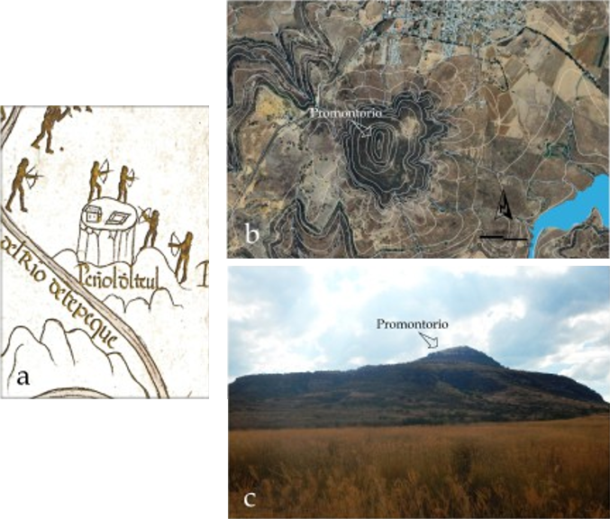 Figura 3. Sitio arqueológico El Teúl; a: detalle del Mapa de Nueva Galicia donde se aprecian los edificios en el pate superior; b: imagen satelital con curvas de nivel donde sobresale el promontorio superior; c: fotografía del sitio arqueológico El Teúl donde se observan los grandes riscos
