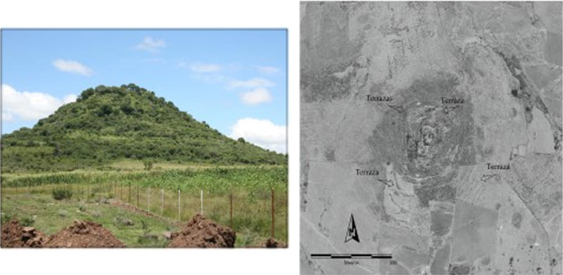 Figura 5. Sitio arqueológico Chiquihuitillo; izquierda: fotografía del sitio mostrando su fisiología; derecha: ortofoto en donde se aprecian los detalles del sistema de terraceado. Instituto Nacional de Estadística y Geografía, 1971. 