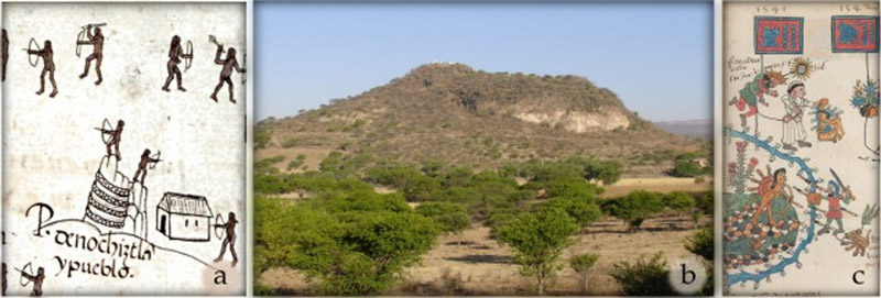 Figura 6. Peñol de Nochistlán identificado en el sitio arqueológico El Tuiche; a: detalle del Mapa de Nueva Galicia donde se observan las abarradas y grandes; b: fotografía del sitio arqueológico El Tuiche donde se advierten los grandes riscos; c: Códice Telleriano Remensis 46r, representando los dos eventos bélicos de este peñol. 