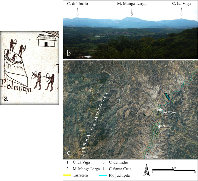 Figura 9. Espacios propuestos para el Peñol del Mixtón; a: detalle del Mapa de Nueva Galicia mostrando los fuertes acantilados y un cerco en la parte superior; b: fotografía panorámica de una sección de la Sierra de Morones donde se aprecia el Cerro del Indio, la Mesa Manga Larga y el Cerro de La Viga; c: imagen satelital donde se ubican los diferentes espacios propuestos como el Mixtón histórico