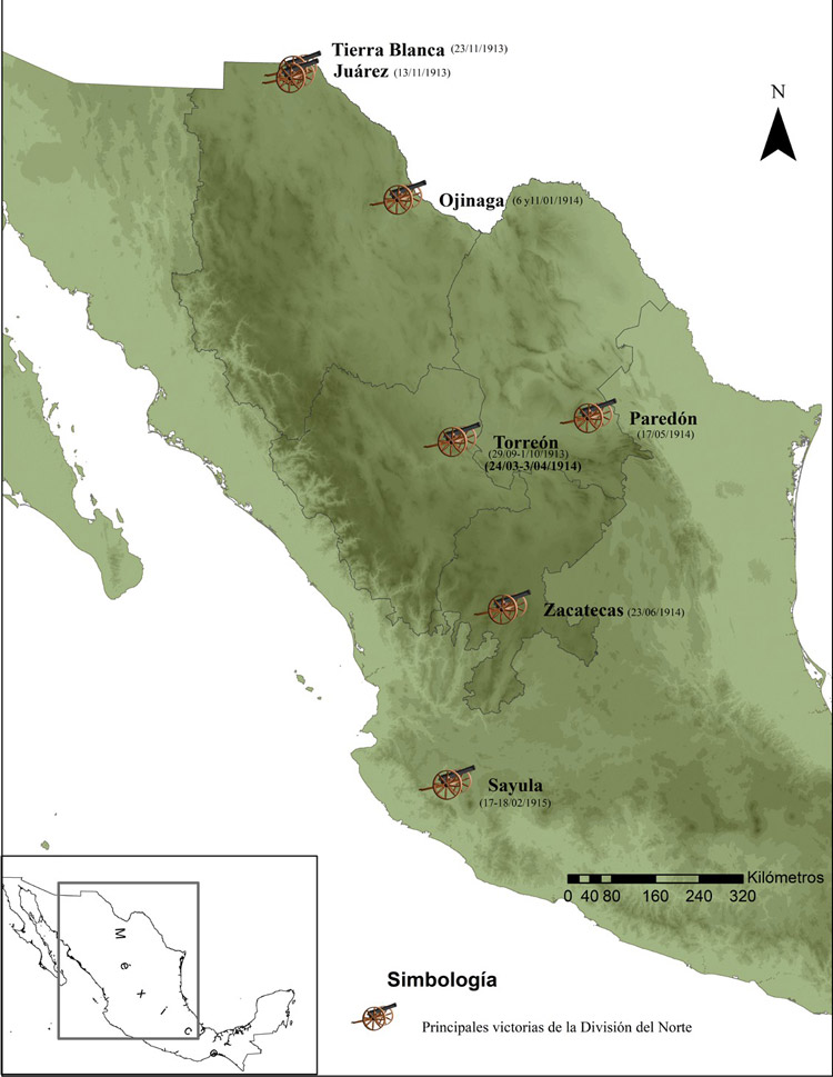 Figura 1. Principales victorias de la División del Norte en la Revolución Mexicana. Elaboración propia con base en Barragán s/f..