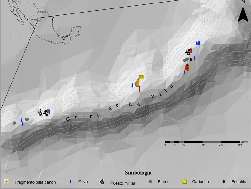 Figura 5. Distribución de los artefactos localizados en el cerro de La Pila. Elaboración propia
