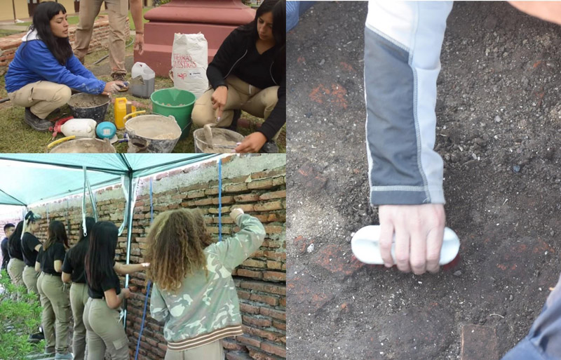 Figura 5. Derecha: Proceso de restauración y limpieza de batería a cargo de la cooperativa. Izquierda: limpieza de patio arqueológico. Fotografías propias