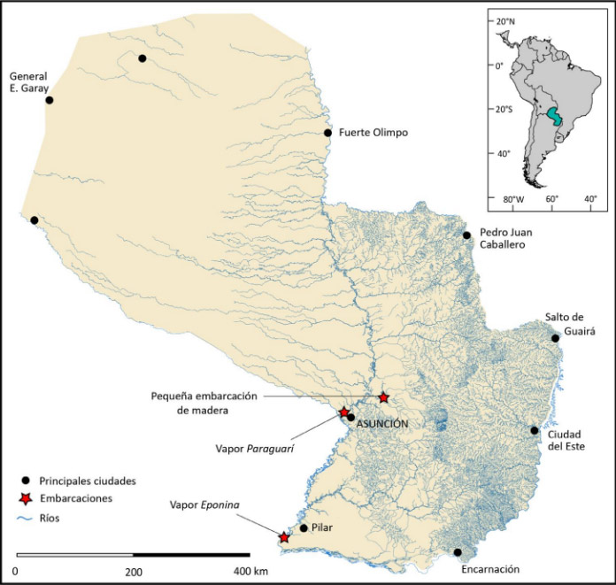 Figura 1. Ubicación geográfica de Paraguay y de las tres embarcaciones. (Fuente: Elaboración propia con base en lo investigado)