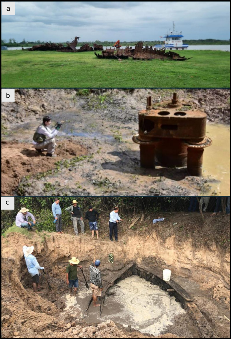 Figura 2. Vista de los tres pecios. a: Restos del Paraguarí en la actualidad, en el predio del Arsenal de Marina, ciudad de Asunción (Fuente: Misión STAB UNESCO Paraguay. Imagen: J.-B. Memet); b: Restos atribuidos al vapor Eponina, tal como podían apreciarse en el año 2019 (Fuente: Gentileza Secretaría Nacional de Cultura, República del Paraguay. Imagen: S. Ríos); c: Pecio no identificado del río Yhaguy durante la bajante producida en noviembre de 2019. Adicionalmente se socavó la zona con maquinarias por parte del Ministerio de Obras Públicas (Fuente: Ríos y Avalos, 2019. Imagen: S. Ríos.)