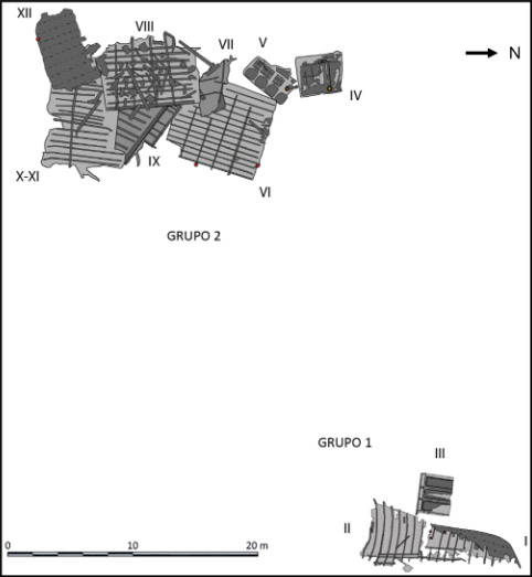 Figura 4. Dibujo de trabajo efectuado para los restos del vapor Paraguarí a partir de los dos conjuntos observados y sus principales componentes estructurales. (Fuente: Elaboración propia).
