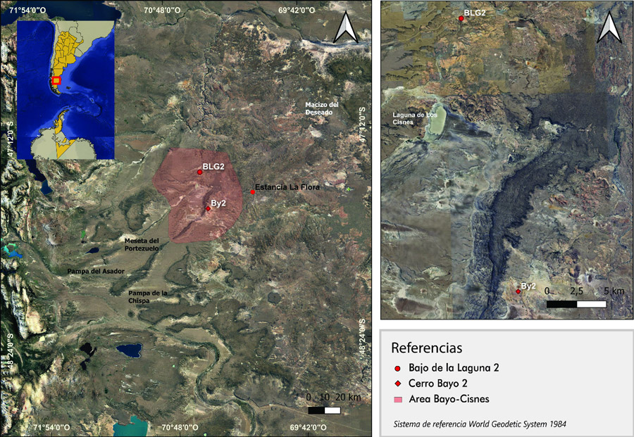 Figura 1. Localización de los sitios Bajo de la Laguna 2 (BLG2) y de Cerro Bayo 2 (By2) y de los lugares mencionados en el texto. Sistema de Referencia WGS84. Autora: Mariana Sacchi, abril de 2026