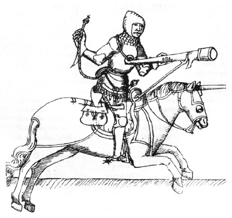Figura 1. Reconstrucción de Connolly de un soldado medieval a caballo y manipulando una primitiva arma de fuego, obsérvese el detalle de la mecha que sostiene en su mano derecha (Reproducido de Connolly 1999:11)