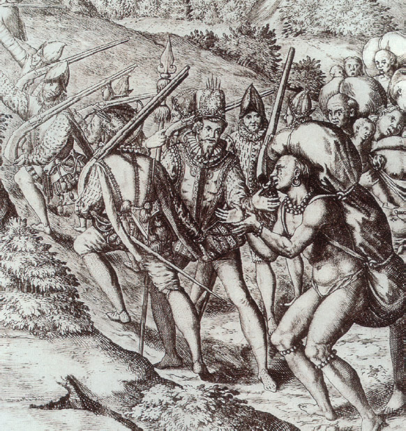 Figura 2. Grabado de Theodore de Bry de 1594 en el que el ilustrador, conocido por sus fantasías y exageraciones, representa a una partida de soldados ibéricos que transporta prisioneros indígenas. Nótese que todos los exploradores portan armas de fuego de gran porte