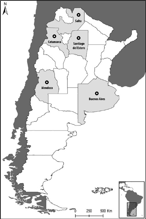 Figura 4. Mapa de la República Argentina en la que se indican las provincias en las que se han realizado los principales hallazgos de restos armas de fuego en sitios coloniales