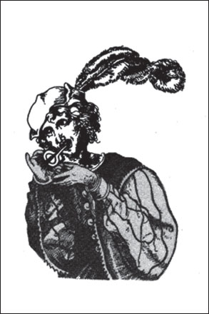 Figura 1. Ejecutante de birimbao. Grabado de Mariano Gallegos reproducido de Varela de Vega (1981)