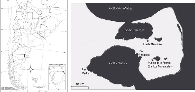 Figura 1. Localización del Fuerte San José y el Puesto de la Fuente (Península Valdés, Pcia. de Chubut)