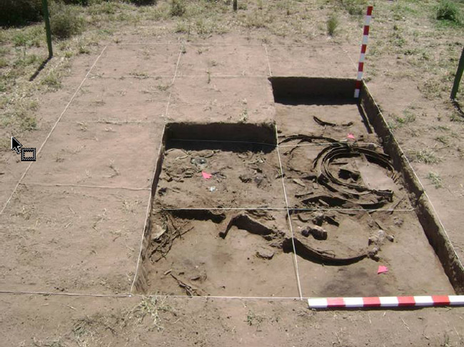 Figura 2. Vista de planta de cuadrículas I y II donde se observa los cinco sectores excavados. El piso del sector muestra el descarte de materiales vítreos, restos metálicos y óseos. Las flechas rojas muestran sectores en los que se registraron lentes de quemazón y materiales alterados térmicamente