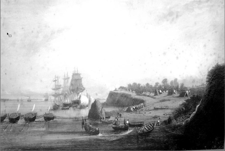 Figura 3. Attaque et prise des batteries de Ponto Obligado. 20 novembre 1845. Litografía. París. 1845. Grabado de Chavanne, sobre la base de un dibujo de Francois-Pierre Bernard Barry. Fuente: Museo Histórico Nacional (original en el Palacio de Luxemburgo, París)