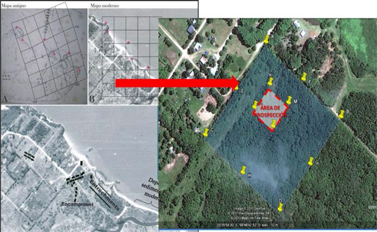 Figura 7. Ubicación del área de campamento. Se usó el plano de 1845 y una foto aérea de 1980