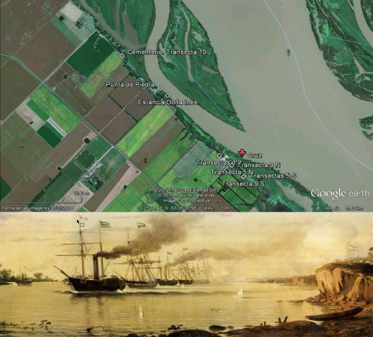 Figura 8. A. Imagen satelital del área del sitio El Tonelero. Se indican las transectas realizadas en 2012. B. Passage of Tonelero during the Platine War, pintura de Eduardo de Martino (1851-1852). Fuente: https://en.wikipedia.org/wiki/Battle_of_the_Tonelero_Pass