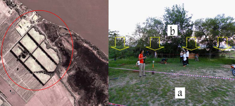 Figura 9. Área general y zonas α (llana) y β (barranca señalada con flechas amarillas) donde se realizaron transectas, recolecciones de superficie y sondeos Asimismo, y considerando que el sitio arqueológico tiene una extensión de varios kilómetros en forma casi paralela al río Paraná, se trabajó en otras áreas, que comenzaron a prospectarse en 2012, como el campo Acacias Verdes SA. Este lugar está situado a unos 800 m en dirección N del Campo de Salazar y se encuentra en contacto con el río Paraná. También se hizo una rápida prospección en un campo próximo al monumento a Mansilla, ubicado más al N (en el que, según datos de informantes, se supone que hay un cementerio vinculado a las batallas de ET). En ambos lugares, por ahora, no hubo resultados positivos sobre hallazgos vinculados a las batallas, salvo algunos materiales aislados y de difícil asignación, respecto del evento bélico.