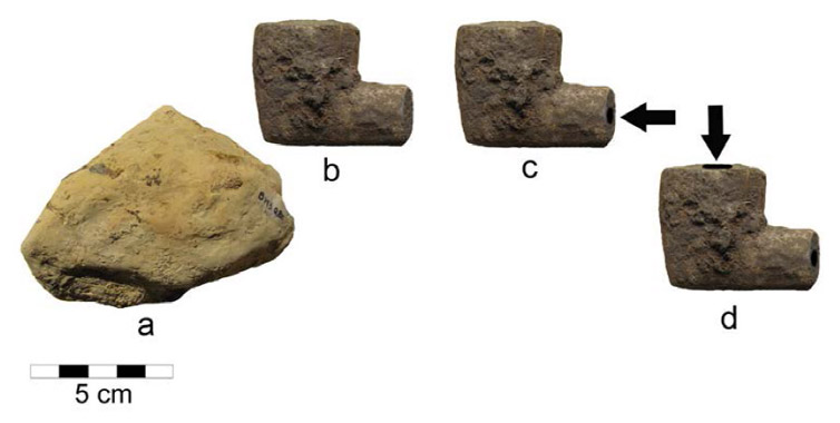 Figura 2: reconstrucción hipotética de las etapas principales del proceso de manufactura. 2.a: bloque de materia prima; b: preforma; c: perforación del conducto del tubo; d: perforación de la cazoleta
