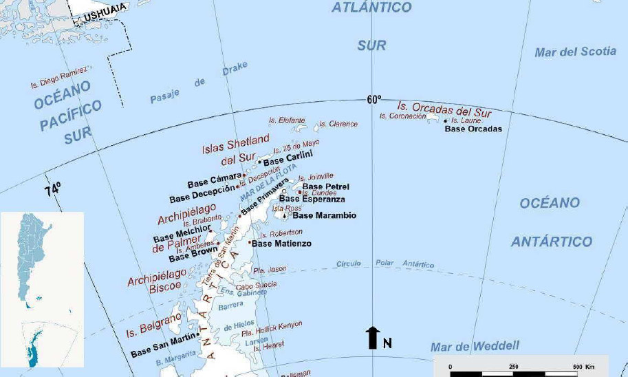 Figura 1. Localización de la base Orcadas en el contexto de bases antárticas argentinas