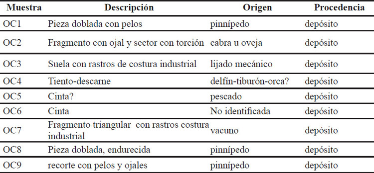 Tabla 1. Muestras de cuero analizadas, refugio Omond, Orcadas del sur