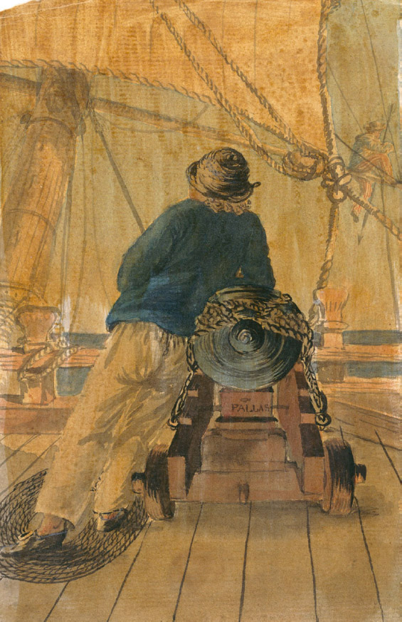 Figura 1. Cañón de la fragata HMS Pallas (1757-1783). Título original: Seaman leaning on a gun on the ‘Pallas’. En la imagen se ilustra un marinero, en el castillo de proa, apoyado sobre uno de los cañones de mira o de caza. La cuña de puntería lleva inscripto el nombre del barco. Acuarela realizada por G. Bray (1750-1823), ca. 1775. Fuente: National Maritime Museum, Greenwich, Londres